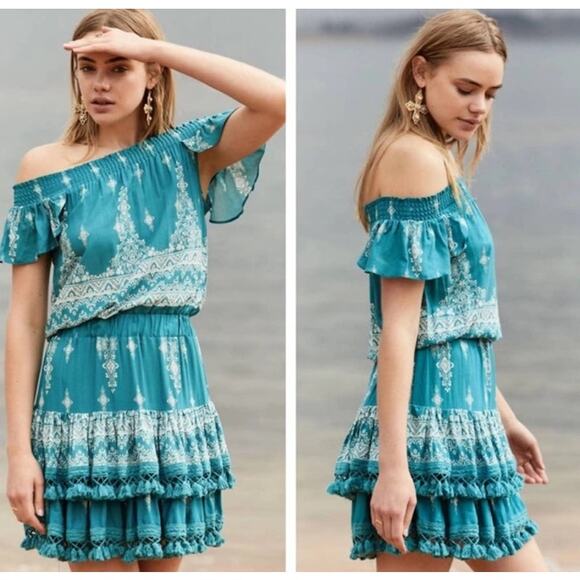 Jaase Dresses & Skirts - Jaase Womens Mini Dress Medium Teal Blue Tasseled Hem Ruffle Western Bohemian